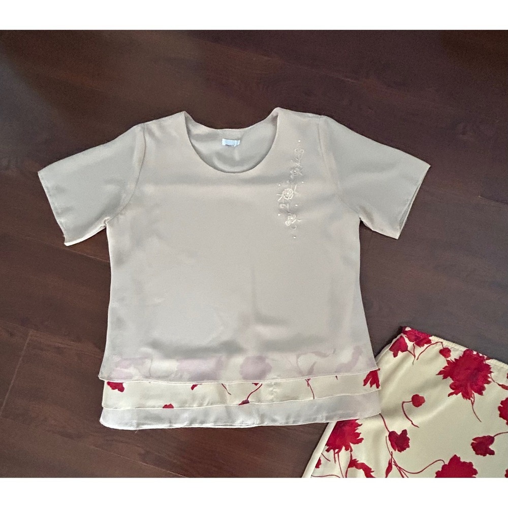 Omega Vintage 2 Piece Set Womens 2X Cream Red Floral Top and Midi Skirt USA - Picture 4 of 12